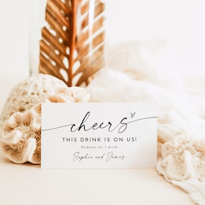 Boleto de bebida minimalista, Tarjeta de bebida gratis de la novia y el novio, Vale de bebida de barra de boda, Token, Plantilla editable, Templett #0034W-107DT