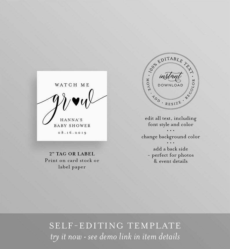 Puede incluir: Etiqueta cuadrada blanca para baby shower con texto negro. El texto dice "Watch Me Grow" con un s&iacute;mbolo de coraz&oacute;n. Debajo, dice "Hanna's Baby Shower 08.16.2019". La etiqueta mide 5.08 cm. La plantilla es autoeditable.
