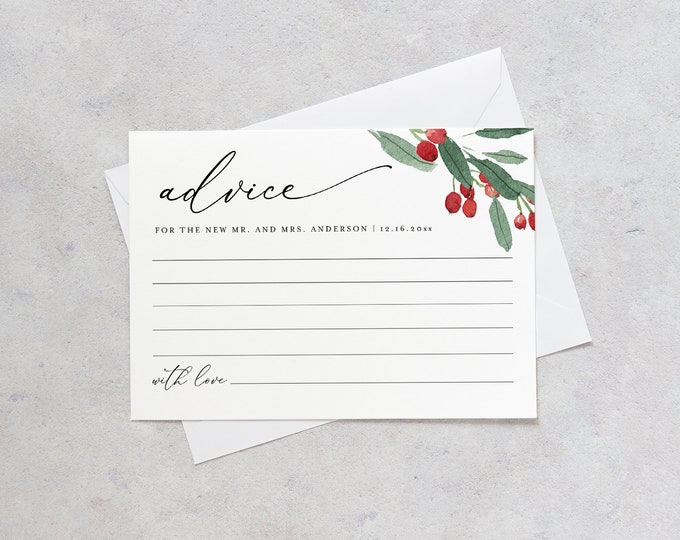 Holly Advice Card, Winter Wedding Advice for the Bride and Groom, Bridal Shower, Editable Template, Instant Download, Templett #071-110AC