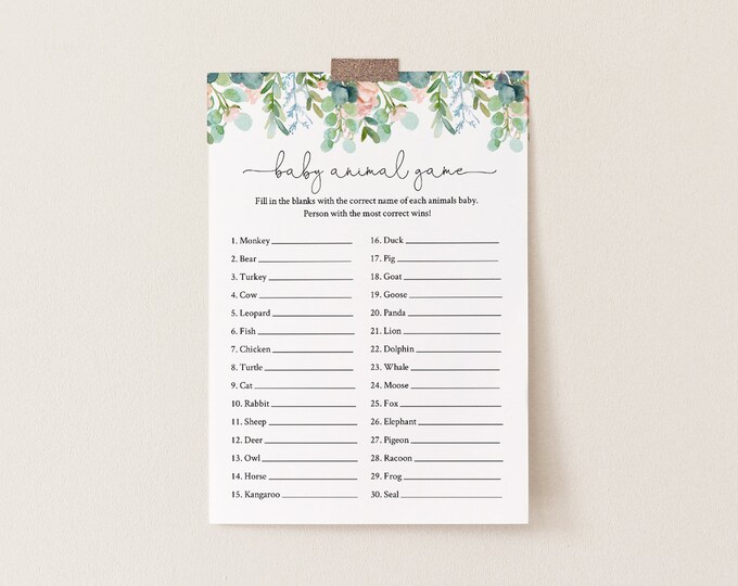 Baby Animal Game, Printable Baby Shower Game, Editable Template, Lush Garden Greenery, Printable, Instant Download, Templett  #068A-158BASG