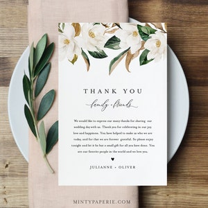 Carta de agradecimiento de Magnolia, Nota de servilleta, Menú de boda imprimible Gracias, Plantilla editable, Descarga instantánea, Templett, 4x6 #015-143TYN