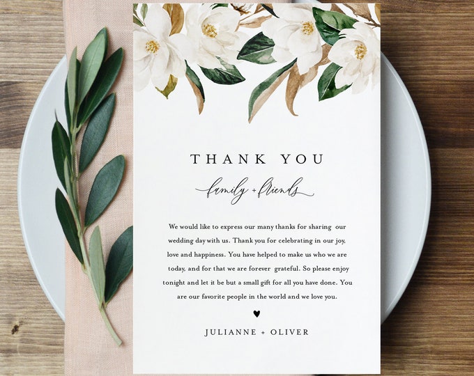 Magnolia Thank You Letter, Napkin Note, Printable Wedding Menu Thank You, Editable Template, Instant Download, Templett, 4x6 #015-143TYN