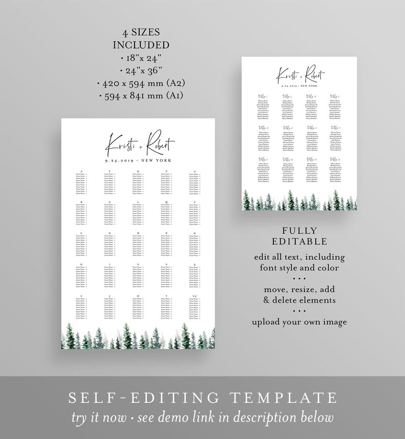Pine Tree Seating Chart Template, Wedding Seating Sign, Alphabetical ...