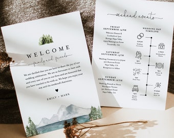 Lake Welcome Bag Letter & Timeline Template, Pine Wedding Order of Events, Editable Itinerary, INSTANT DOWNLOAD, Templett #017A-139WB