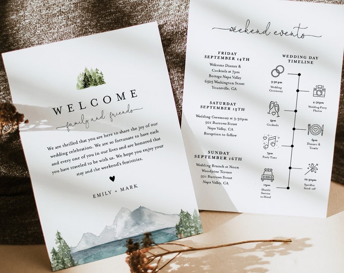 Lake Welcome Bag Letter & Timeline Template, Pine Wedding Order of Events, Editable Itinerary, INSTANT DOWNLOAD, Templett #017A-139WB