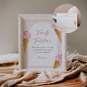 Znak i karta tradycji rodzinnych, lody na baby shower, dzielenie się wspomnieniem, wspomnienie z dzieciństwa, edytowalny szablon, natychmiastowy, szablon #0035-46S