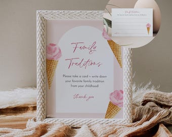 Family Traditions Sign and Card, Ice Cream Baby Shower, Share a Memory, Childhood Memory, Editable Template, Instant, Templett #0035-46S