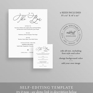 Wedding Bar Menu Template, INSTANT DOWNLOAD, 100% Editable, Printable Signature Drinks Menu, Simple and Modern, 8x10 & 16x20 CHM-02 image 3