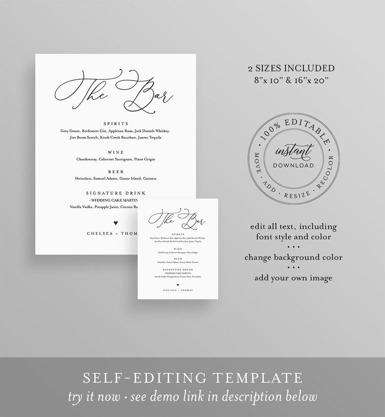 Wedding Bar Menu Template, INSTANT DOWNLOAD, 100% Editable, Printable Signature Drinks Menu, Simple and Modern, 8x10 & 16x20 CHM-02 image 3