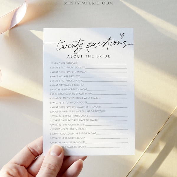 20 Questions About the Bride, Bridal Shower Game, How Well Do You Know the Bride, Editable Template, Instant Download, Templett #0032-33BRG