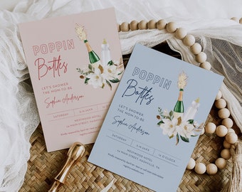 Poppin Bottles Baby Shower Invitation, Champagne, Printable Couples Baby Shower Invite, Editable Template, Instant Download #055-239BA