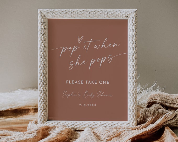 Pop It When She Pops Sign, Champagne Favor, Gender Neutral Baby Shower, Sparkling Wine, Editable, Printable, Templett, 8x10 #0034T-36S