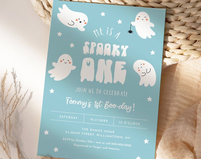 Spooky One Birthday Invitation, Halloween 1st Birthday Party, Baby Boy Birthday, Pink, Editable Template, Instant, Templett #0001-137BD