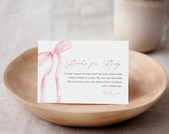 Bow Books for Baby Card, Book Request, Coquette Bow Girl Baby Shower Invitation Book Insert, Editable Text, Templett #0057-177BFB