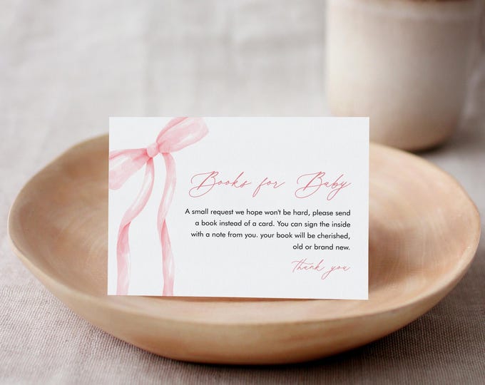 Bow Books for Baby Card, Book Request, Coquette Bow Girl Baby Shower Invitation Book Insert, Editable Text, Templett #0057-177BFB