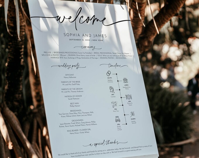Wedding Program Sign, Wedding Icons, Minimal Modern Order of Service Poster, Editable Template, Instant, Templett 18x24, 24x36 #0032-183WP