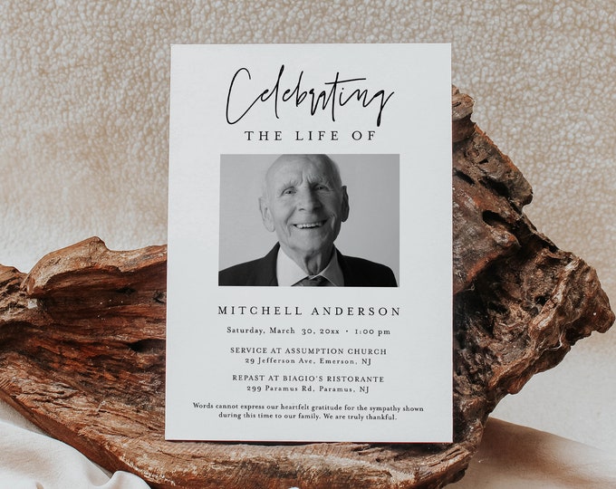 Funeral Announcement, Memorial Service Invite, Photo Funeral Evite, Celebration of Life, Editable Template, Instant, Templett #0009-102FA