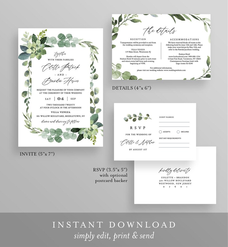 Greenery Wedding Invitation Template, Self-Editing Invite, RSVP and Details, 100% Editable Text, Printable, INSTANT DOWNLOAD, Templett 082A image 2