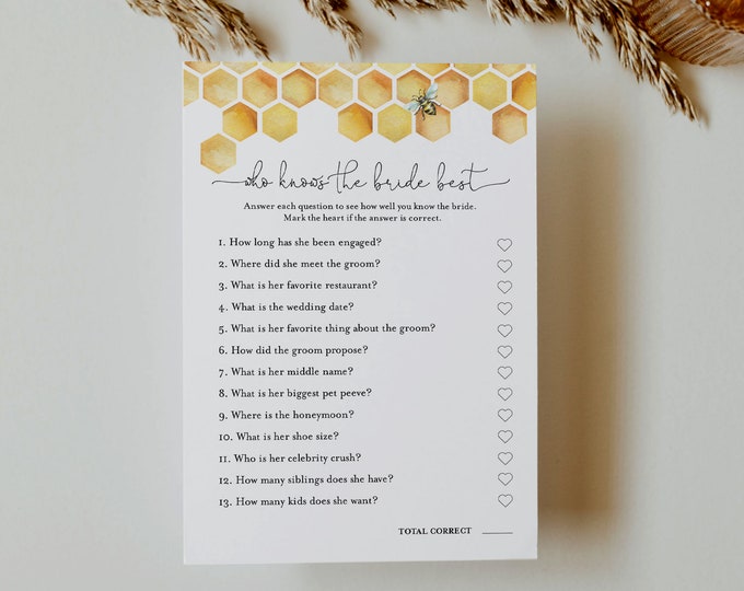 How Well Do You Know the Bride, Honey Bee Who Knows the Couple Best Bridal Shower Game, Editable Template, Instant Download #097-379BG