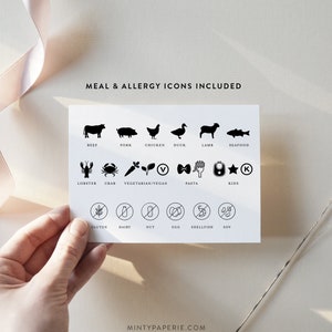 May include: A white card with black icons representing different meal types and allergy information. The icons include beef, pork, chicken, duck, lamb, seafood, lobster, crab, vegetarian/vegan, pasta, kids, gluten, dairy, nut, egg, shellfish, and soy.