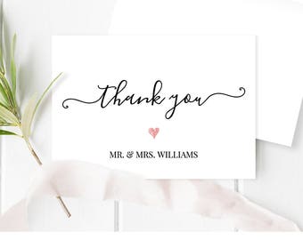 Thank You Card Template, Printable Wedding Thank You, Modern Calligraphy, Editable Template, Instant Download, 3.5x5 Folded Card #030-102TYC