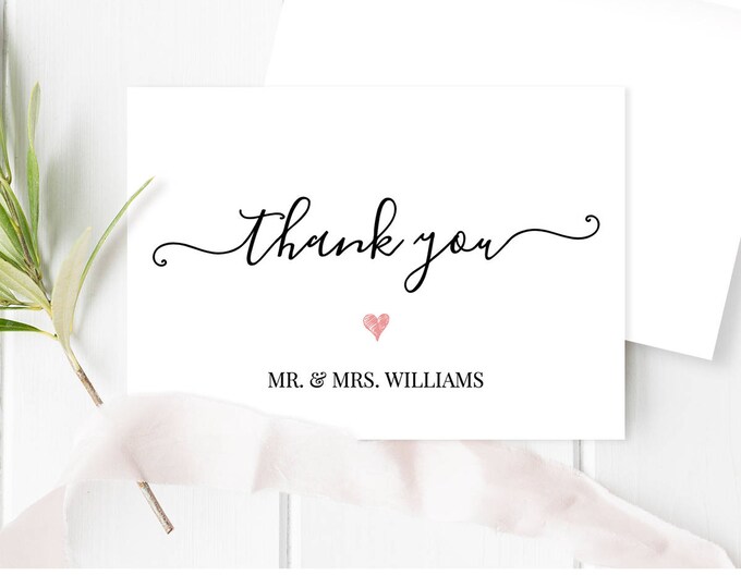 Thank You Card Template, Printable Wedding Thank You, Modern Calligraphy, Editable Template, Instant Download, 3.5x5 Folded Card #030-102TYC