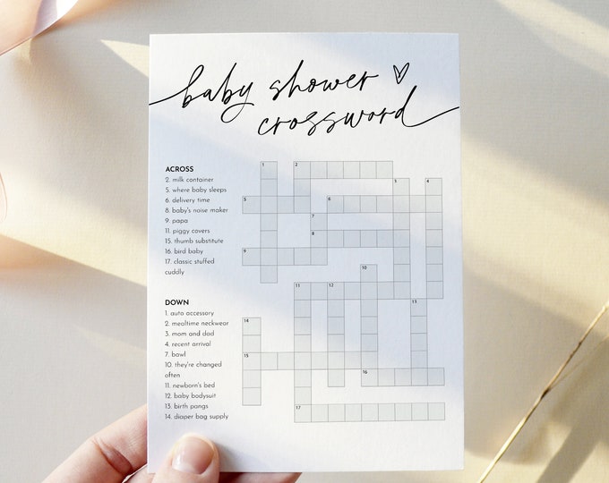 Baby Crossword Puzzle, Minimalist Baby Shower Game, Printable Crossword Game with Answer Key, Instant Download, Templett, 5x7 #0032-33BAG