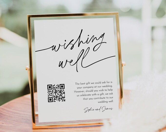 Wishing Well Sign, Honeymoon Fund Card, QR Wedding Fund Insert, Venmo Wedding Cash Gift, Editable Template, Instant, Templett #0032-50S