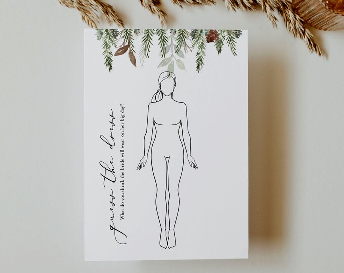 Guess the Dress Game, Bridal Shower Wedding Dress Game, Winter Pine, Draw Dress, Instant Download, Editable Template, Templett #0017-350BG