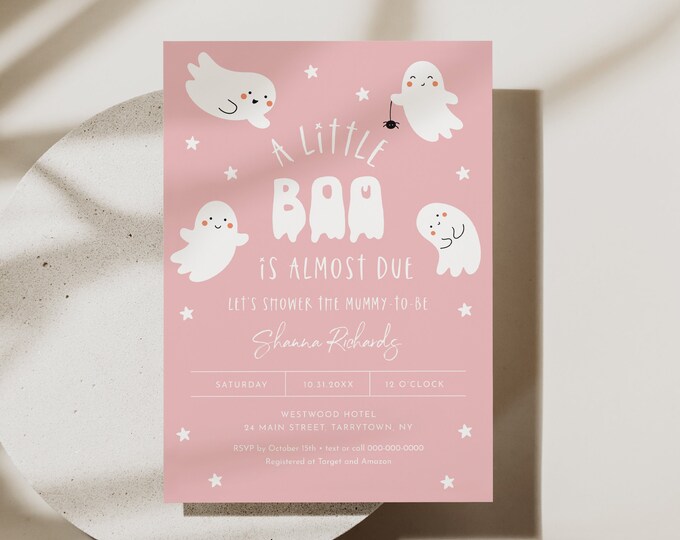 Halloween Girl Baby Shower Invitation, A Little Boo Almost Due, Baby Girl, Ghosts, Spooky, Editable Template, Instant, Templett #0001-228BA