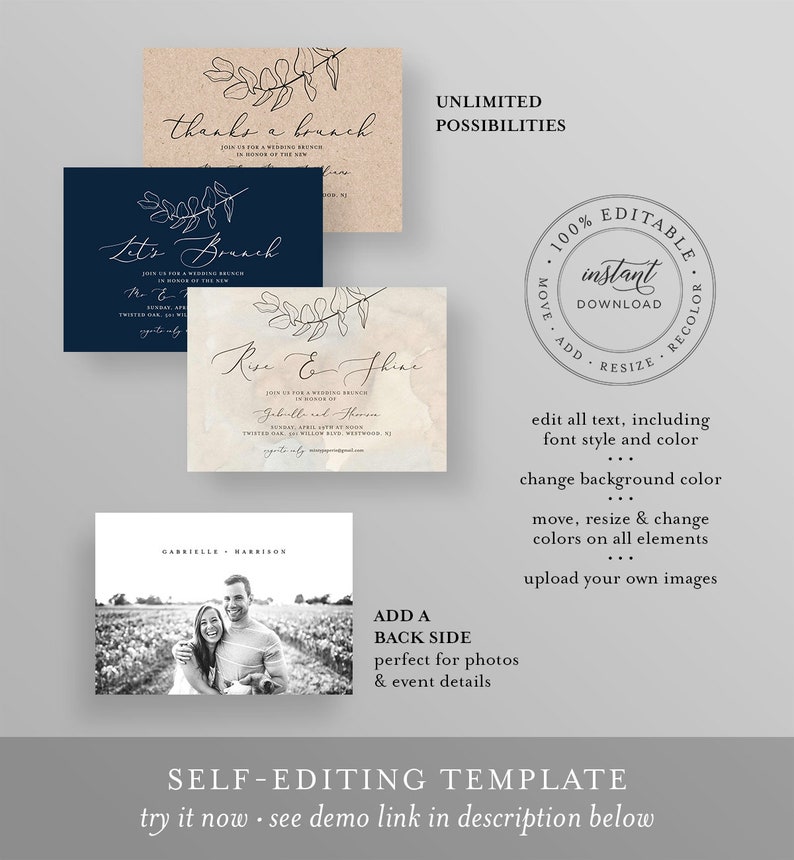 Self-Editing Wedding Brunch Invitation Template, INSTANT DOWNLOAD, 100% Editable, Printable Eucalyptus Post Wedding Brunch Invite 105BR image 3