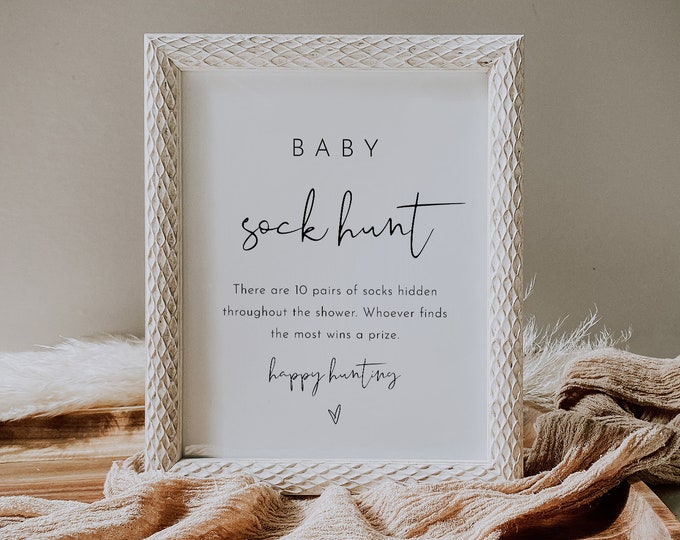 Baby Sock Hunt Game, Minimalist Baby Shower Game, Sock Hunt Sign, Editable Template, Printable, Instant Download, Templett #0031-393BASG