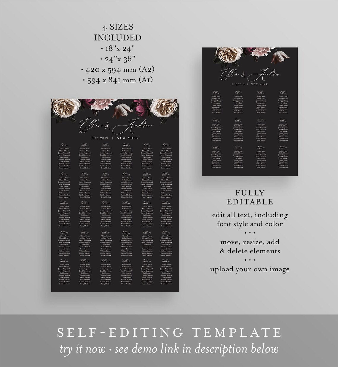 Moody Seating Chart Template Printable Vintage Floral Wedding Etsy