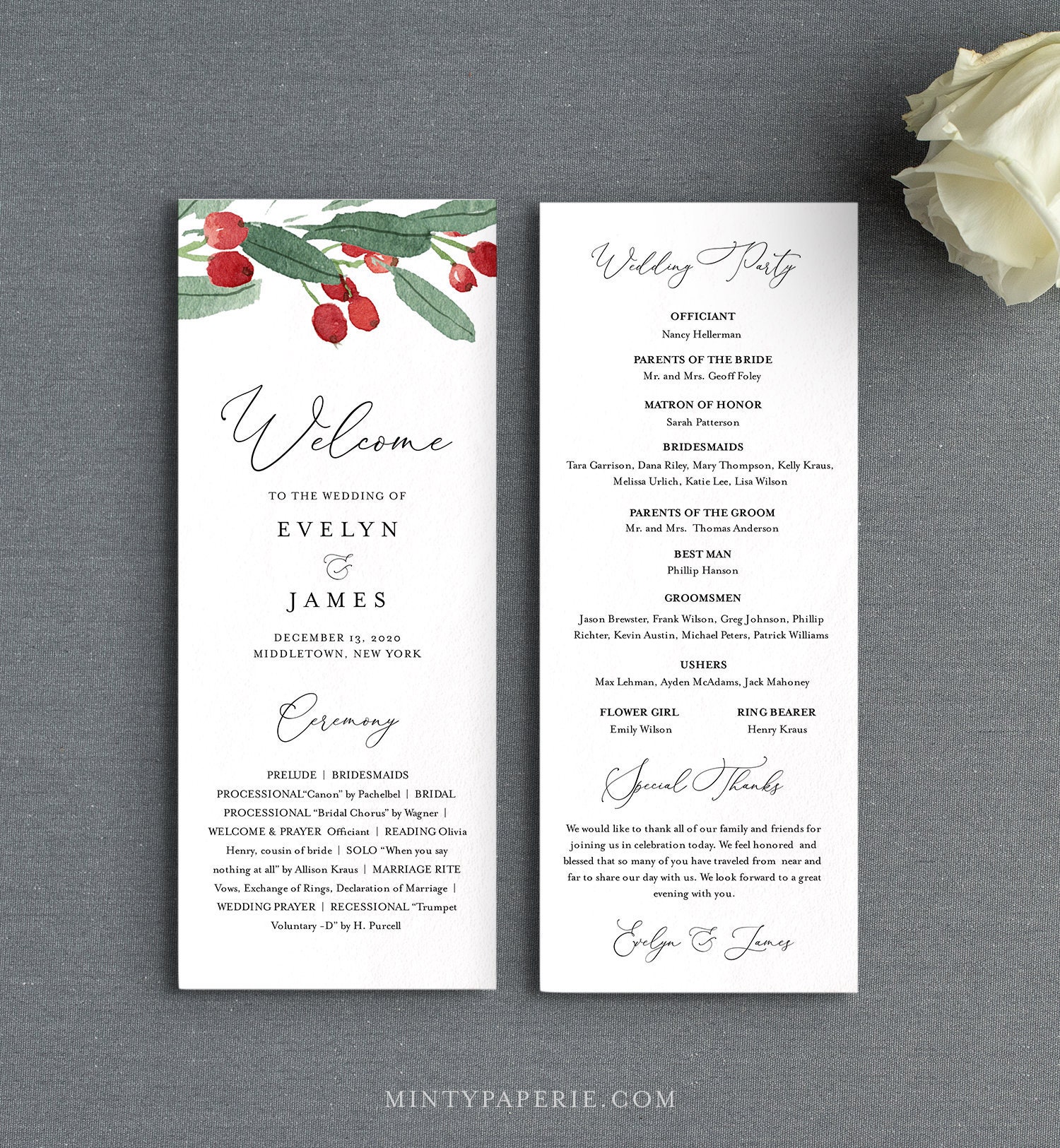 Wedding Program Template, Printable Winter Order of Service, Editable Flat Program, Holly ...