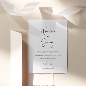 May include: Wedding invitation with a white background and black text. The invitation reads "Naomi + George" and includes the date, time, and location of the wedding. The text also includes "Reception to follow".