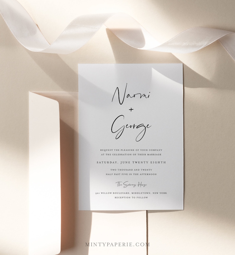 May include: Wedding invitation with a white background and black text. The invitation reads "Naomi + George" and includes the date, time, and location of the wedding. The text also includes "Reception to follow".