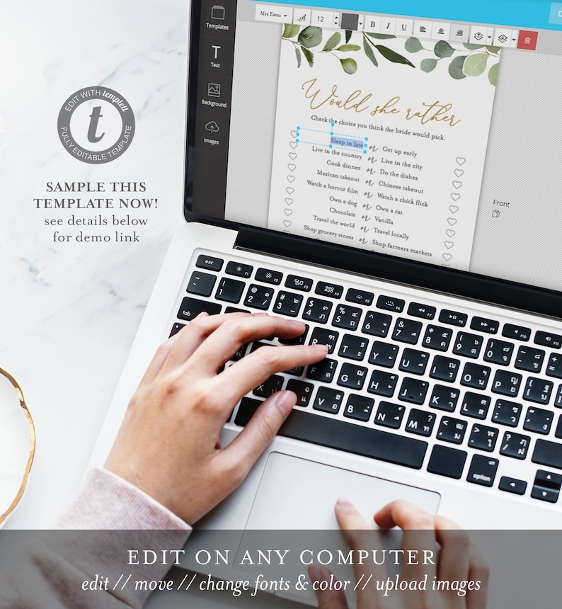 May include: A digital template for a "Would She Rather" bridal shower game. The template features a green leafy background with gold text. The game asks guests to choose between two options for each question, such as "Sleep in late" or "Get up early".