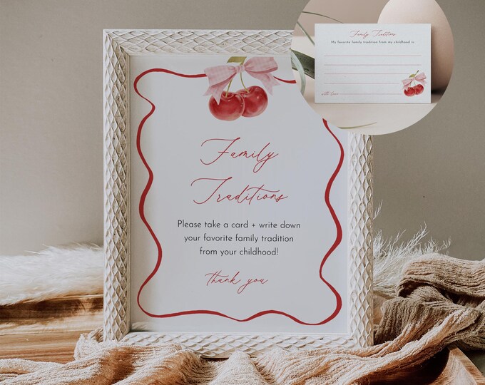 Family Traditions Sign and Card, Cherry Baby Shower, Share a Memory, Childhood Memory, Editable Template, Instant, Templett #0056-46S