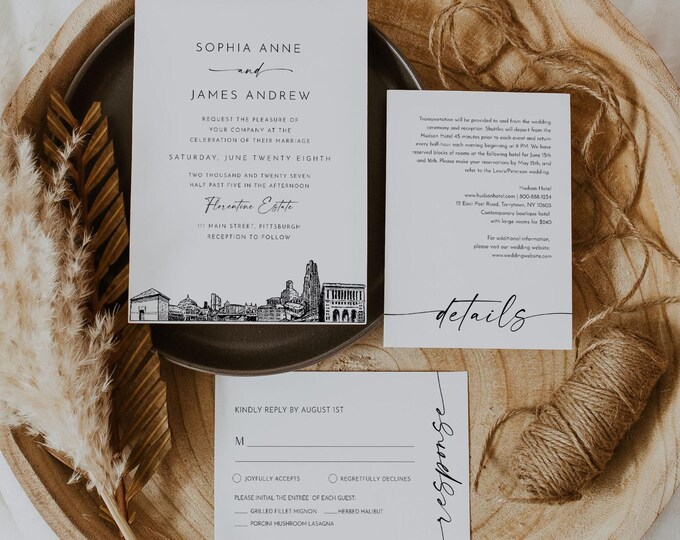 Pittsburgh Wedding Invitation Set, Pittsburgh PA Skyline, Photo Card, Editable Template, Includes Invite, RSVP, Details, Templett #0047