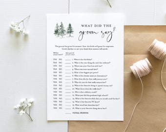 What Did the Groom Say, Winter Pine Bridal Shower Game, Printable Bridal Game, Editable Template, Instant Download, Templett, 5x7 #073-250BG