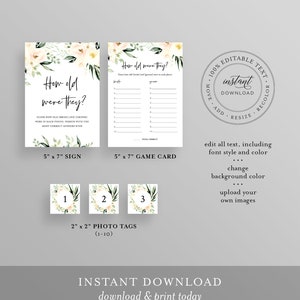 May include: Printable game card with floral design. The card is titled "How old were they?" and has a grid for guessing the ages of a bride and groom in photos. The card is 5 inches by 7 inches.
