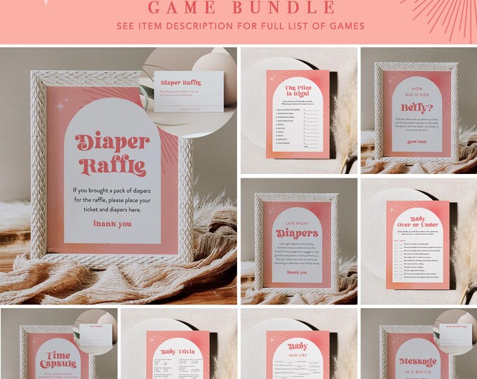 Retro Baby Shower Game Bundle, 28 Games, Groovy, Mid Century Modern Baby Shower, Editable Template, Instant Download, Templett #0050-BBGB