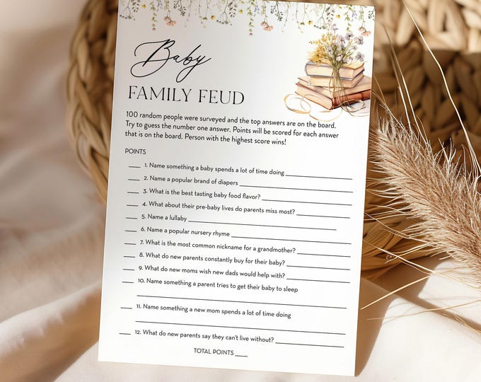 Baby Family Feud Game, New Chapter Story Book Baby Shower Game, Answers Included, Editable Template, Instant Download, Templett #0066-06BAG