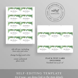 May include: Editable template for a tropical-themed table card. The card features a green watercolor illustration of palm leaves and the text "Leslie Henderson, Table One". The card is 3.5 inches by 2 inches.
