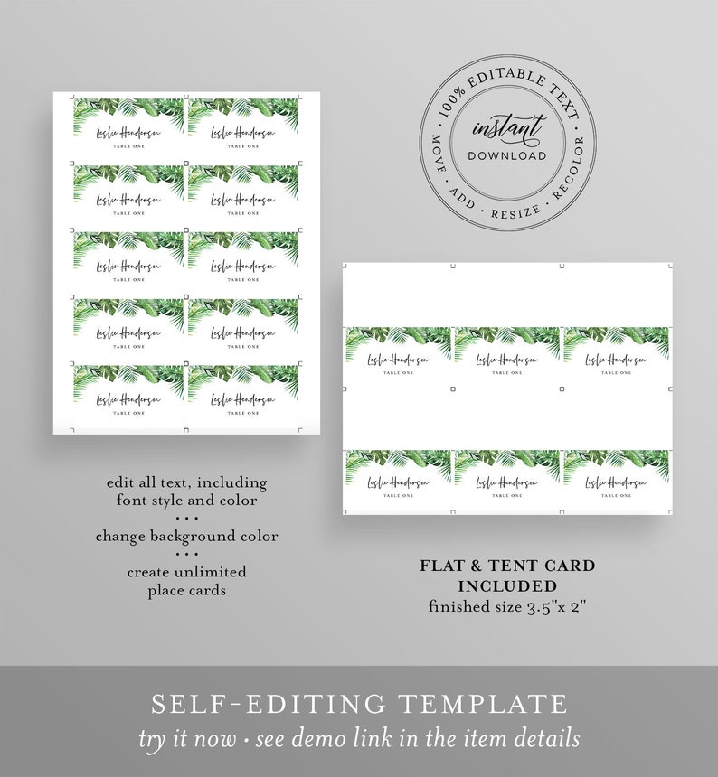 May include: Editable template for a tropical-themed table card. The card features a green watercolor illustration of palm leaves and the text "Leslie Henderson, Table One". The card is 3.5 inches by 2 inches.