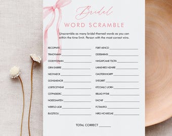 Word Scramble Bridal Shower Game Template, Coquette Bow Bridal Shower Puzzle, Pink Ribbon, Instant Download, Templett #0057-21BRG