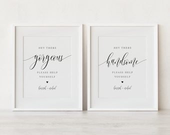 Bathroom Sign, Hey there Gorgeous, Handsome, Ladies Mens Room, Wedding Bathroom Basket, Restroom, Editable Template, Templett #008-87S