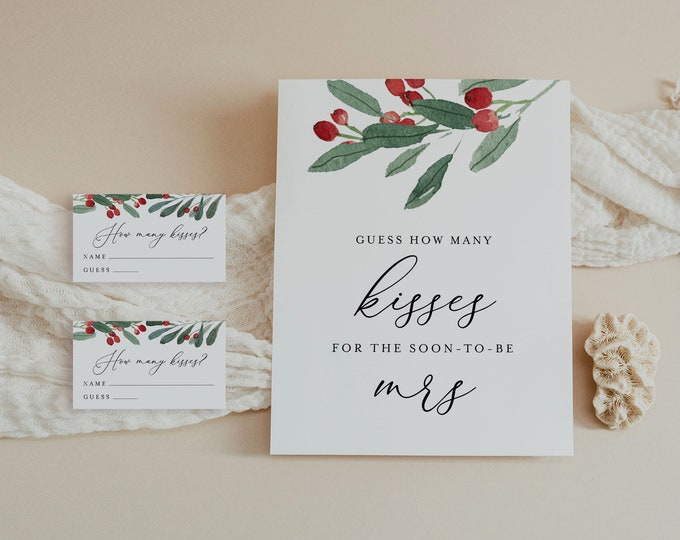 How Many Kisses Bridal Shower Game Template, Hershey Kisses Game, Winter Holly Bridal Shower Printable, Instant Download, Templett 071-197BG