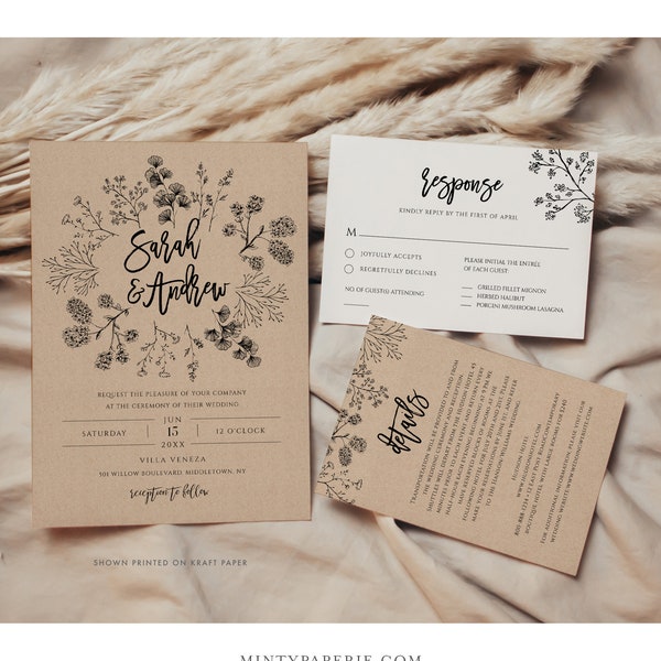 Wedding Invitation Template, Rustic Wreath, Printable Kraft Wedding Invite, RSVP, Instant Download, DIY, Digital Download, Editable #018A
