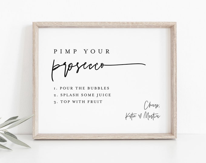 Pimp Your Prosecco Sign & Tag, Mimosa Sign, Minimalist Wedding, Bridal Shower, Editable Template, Instant Download, Templett #0009-51S